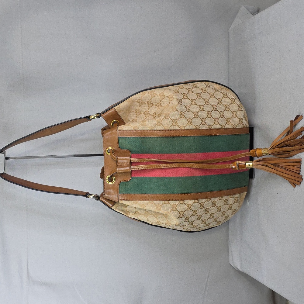 Gucci Beige and Brown Shoulder Bag with Green and Red Stripes - Picture 2 of 16